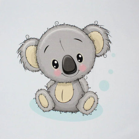 Baumwollpanel Koala Blau: Detailaufnahme des Baumwollpanels mit Koala-Motiv auf blauem Hintergrund, ideal für Nähprojekte.