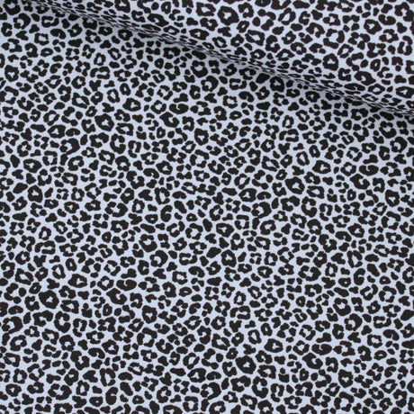 Detailansicht Baumwollpopeline Mini-Leopard Blau – feiner Animalprint auf glattem Baumwollstoff