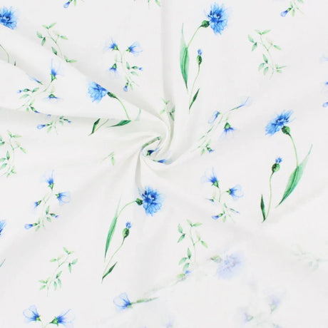 Baumwollstoff blaue Kornblumen auf Ecru mit Rückseite