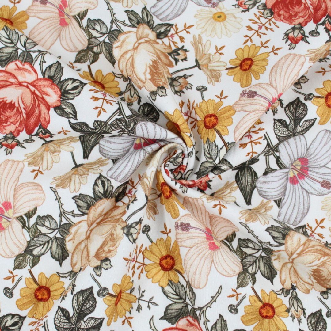 Nahaufnahme Baumwollstoff Retro Garten Vintage Blumen – handgezeichnete Blüten in Retro-Optik