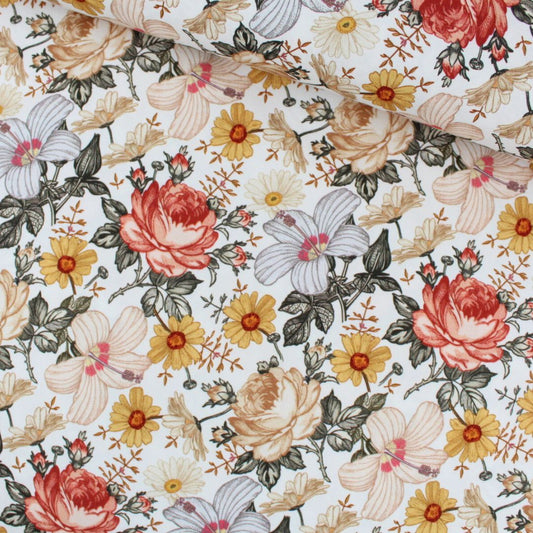 Baumwollstoff Retro Garten Vintage Blumen – romantisches Blumenmuster in sanften Erdtönen auf Weiß