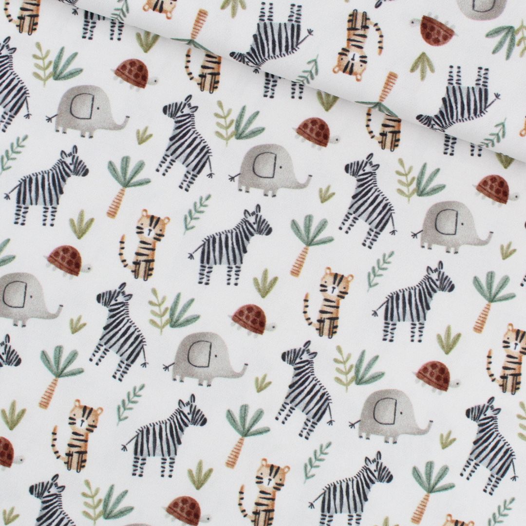 Baumwollstoff "Safari Tiere" mit Zebra, Tiger, Elefant und Schildkröte, Meterware für Kinderzimmer
