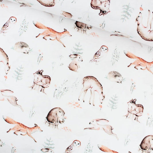 Baumwollstoff Waldfreunde Winter mit Fuchs, Eule, Bär, Hase und Reh – Kinderstoff Meterware