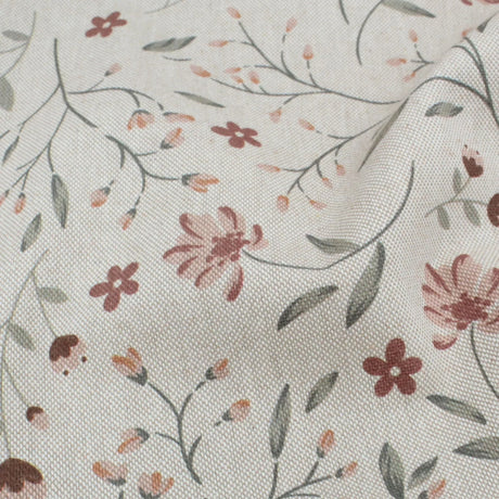 Struktur Leinen Optik Stoff beige matt mit Blumen Digitaldruck