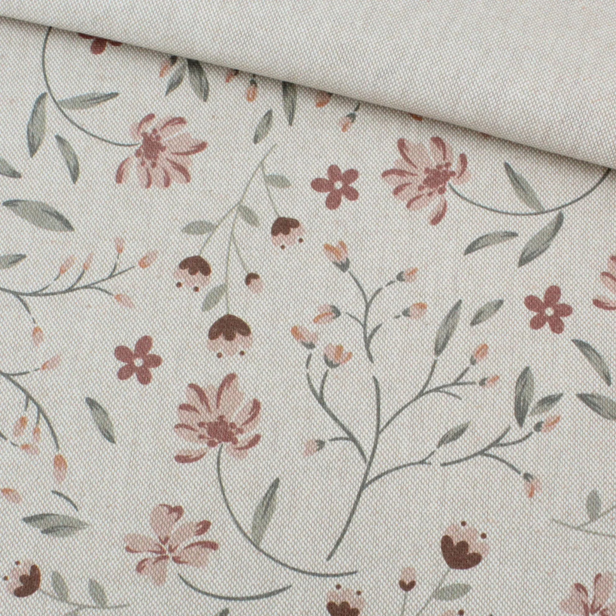 Leinen Optik Stoff Beige mit Blumenmuster Canvas matt 140 cm