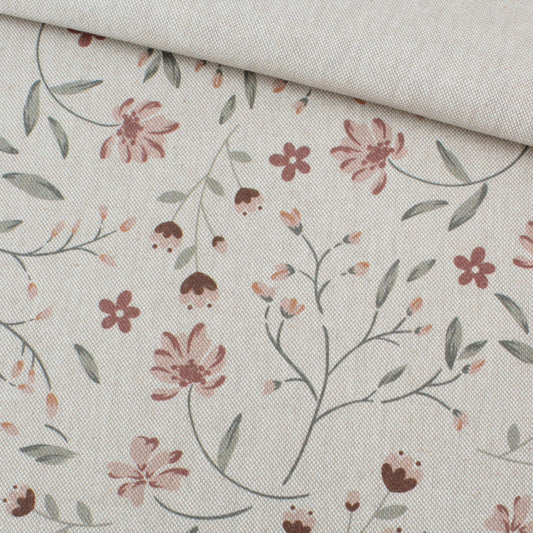 Leinen Optik Stoff Beige mit Blumenmuster Canvas matt 140 cm