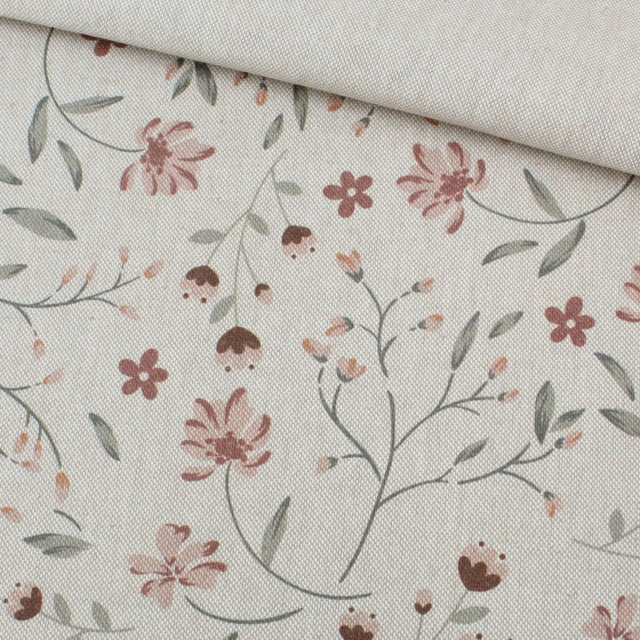 Leinen Optik Stoff Beige mit Blumenmuster Canvas matt 140 cm