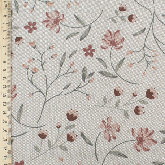 Detailansicht beiger Canvas Stoff mit floralem Muster in Leinenoptik