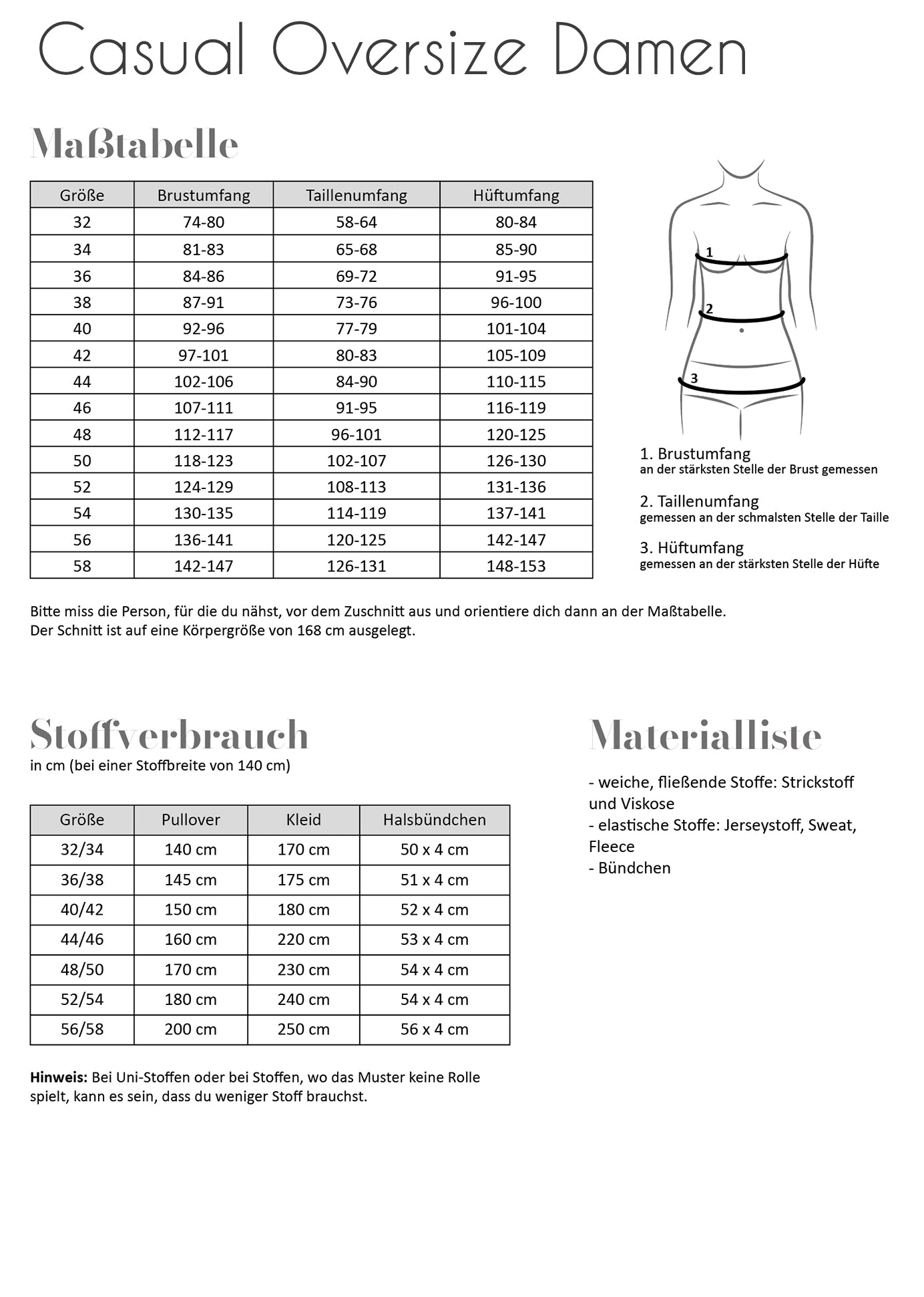 Casual Oversize Damen Maßtabelle, Stoffverbrauch, Materialliste