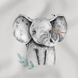 Weiches Jersey Panel mit Elefant-Motiv und Vogel auf grauem Hintergrund für Kinderkleidung.
