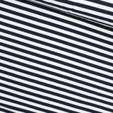 Weicher und elastischer French Terry Stoff mit marineblauen Streifen – ideal für Kinder- und Erwachsenenmode.