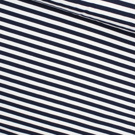 Weicher und elastischer French Terry Stoff mit marineblauen Streifen – ideal für Kinder- und Erwachsenenmode.