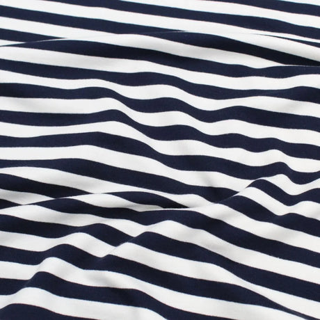 French Terry Stoff 'Streifen Marineblau' – elastisch und atmungsaktiv, perfekt für vielseitige DIY-Projekte.
