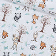 French Terry Stoff "Waldfreunde Frühling" – Frühlingshafte Waldtiere wie Fuchs, Hase und Reh auf weißem Hintergrund