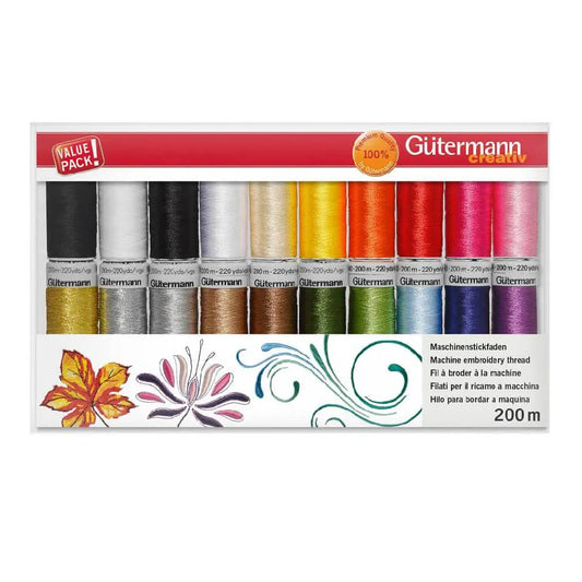 Gütermann Maschinenstickfaden Set 20 Spulen mit Rayon, Metallic und Bobbin Garn für Stickmaschine und Handstickerei