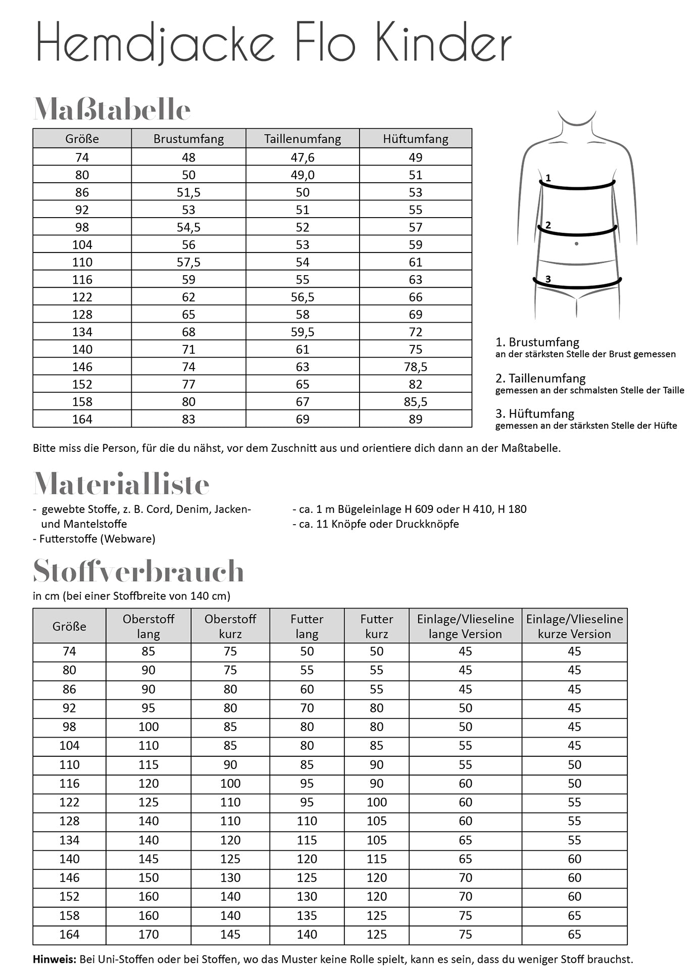 Hemdjacke Flo Kinder Maßtabelle, Metarialliste, Stoffverbrauch