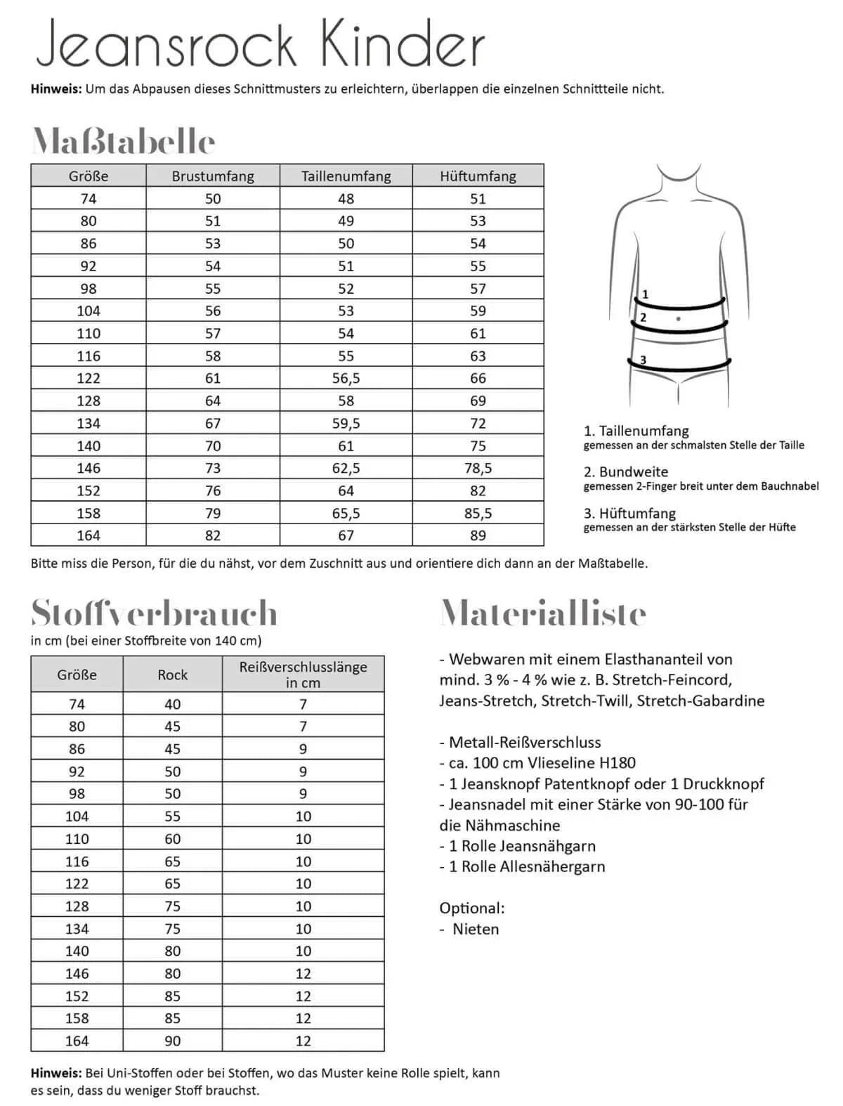 Jeansrock Kinder Schnittmuster Maßtabelle, Stoffverbauch, Materialliste