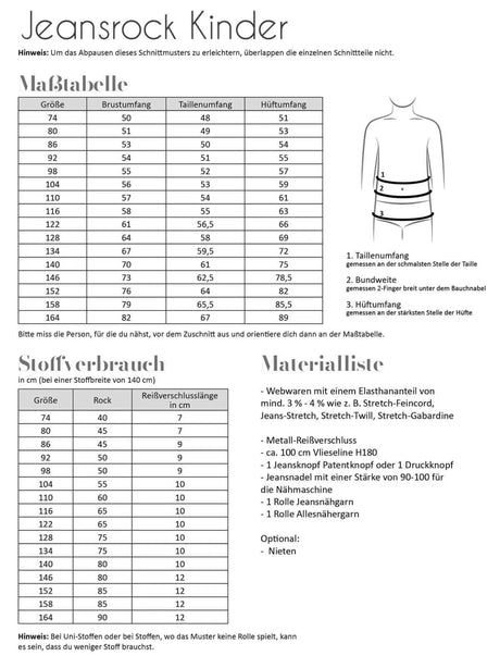 Jeansrock Kinder Schnittmuster Maßtabelle, Stoffverbauch, Materialliste