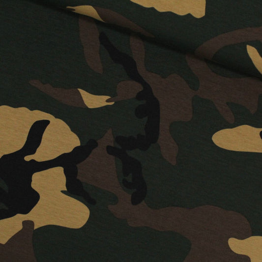 Jersey Camouflage – ideal für die Herstellung von T-Shirts, Sportbekleidung und anderen Kleidungsstücken.