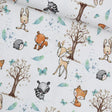 Jersey Waldfreunde Waldtiere Fuchs, Waschbär, Reh, Hase, Eichhörnchen und Igel, umgeben von Bäumen, Schmetterlingen und Herzen. Kinderstoff
