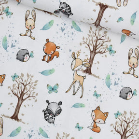 Jersey Waldfreunde Waldtiere Fuchs, Waschbär, Reh, Hase, Eichhörnchen und Igel, umgeben von Bäumen, Schmetterlingen und Herzen. Kinderstoff