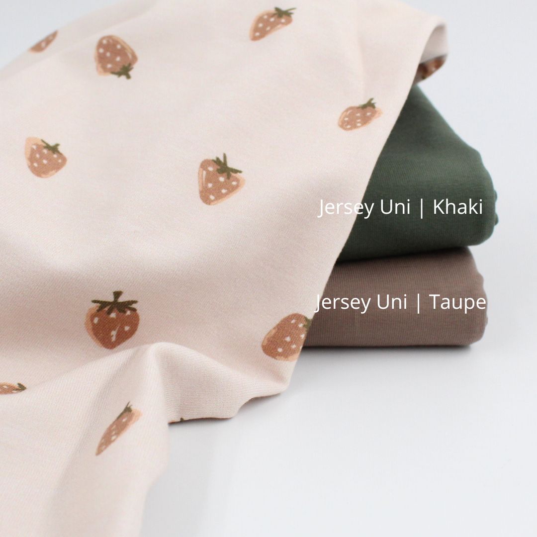 Jersey Erdbeeren kombiniert mit Jersey uni Khaki und Taupe