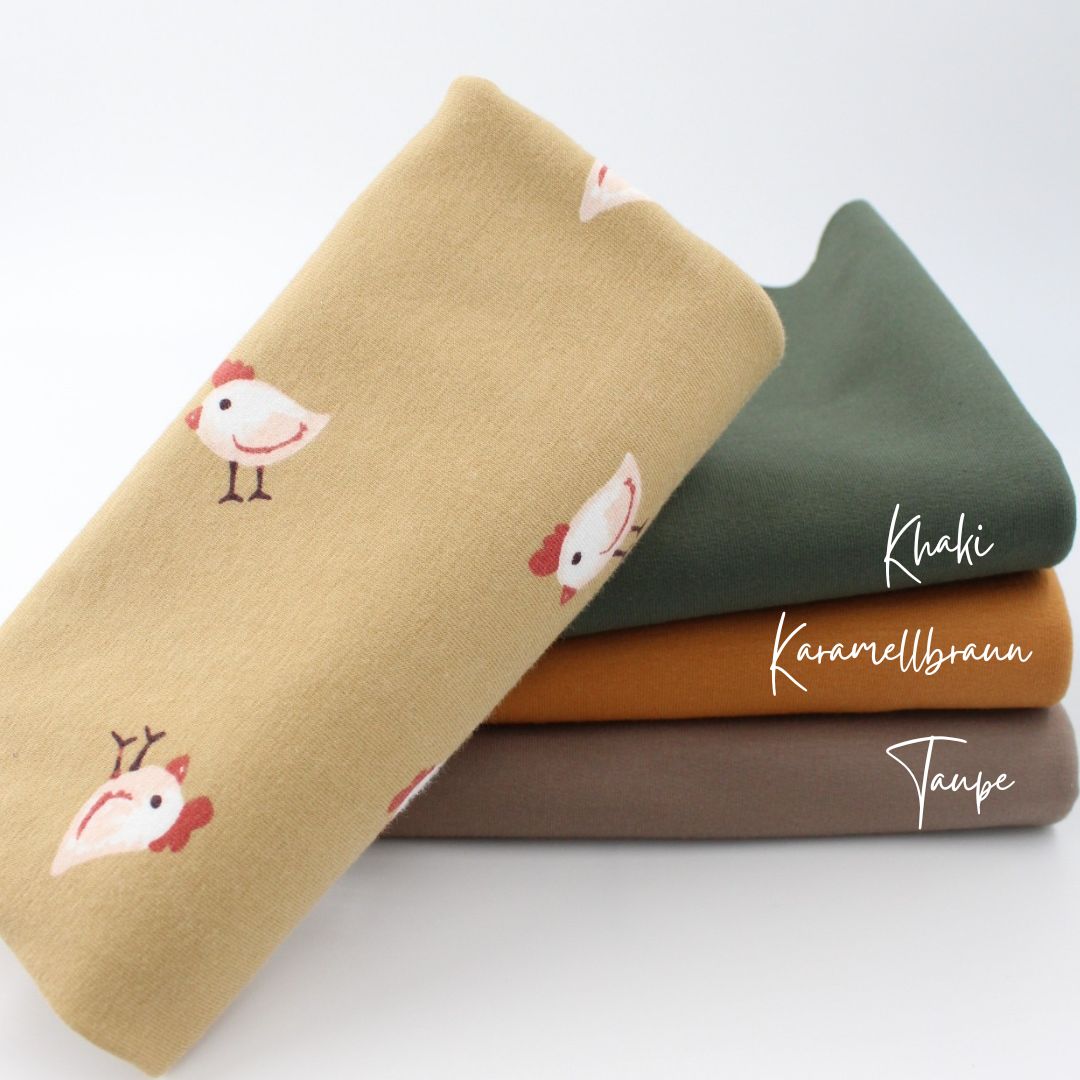 Jersey Hühner kombiniert mit French Terry Uni in Khaki, Karamellbraun und Taupe