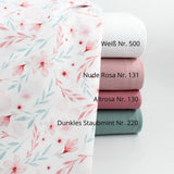 Elastischer Jersey mit zartem Blumendesign in Zartrosa und Hellblau – perfekter Stoff für T-Shirts und Leggings kombiniert mit verschiedene Bündchenstoffe