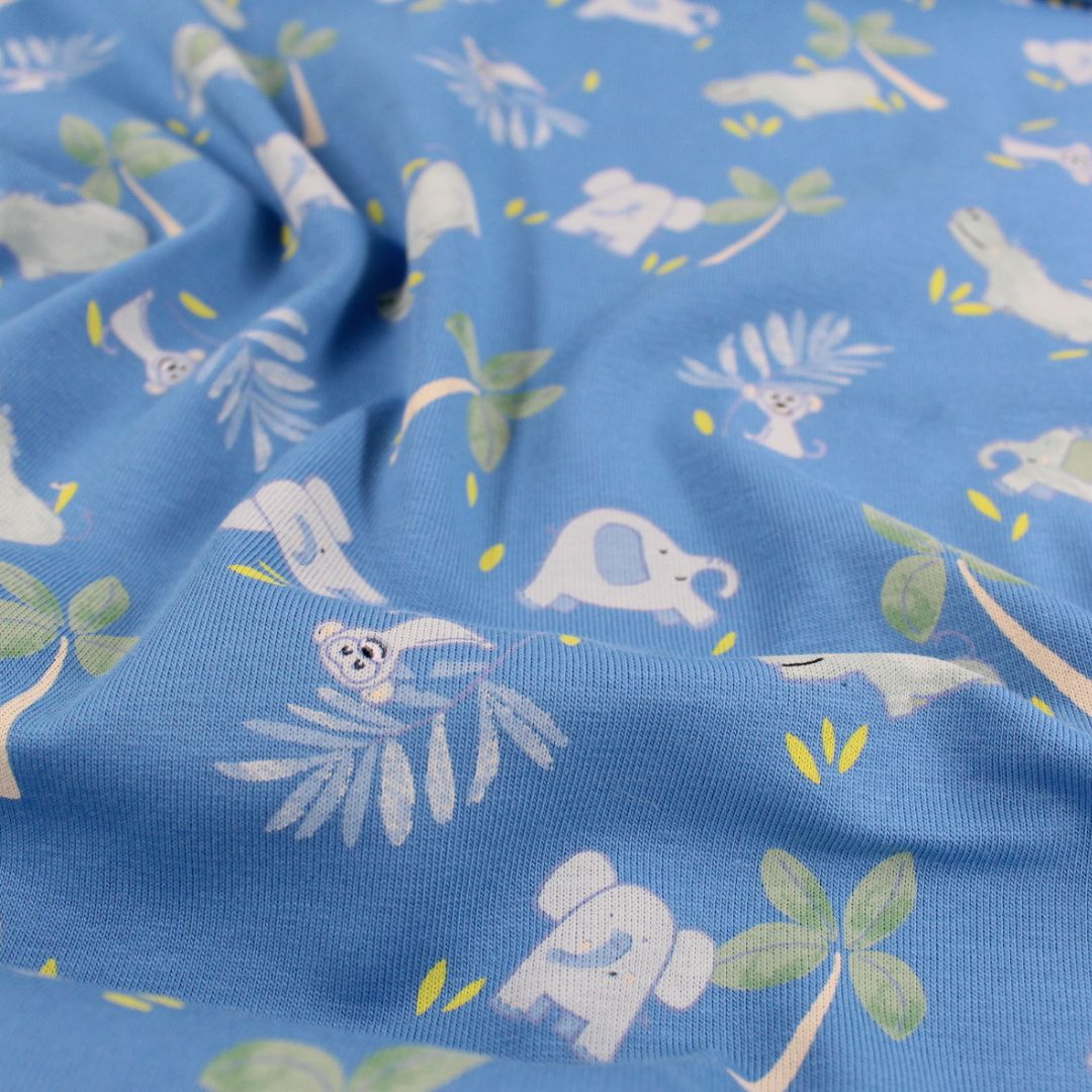 Baby-Kleidung aus Jersey mit Safari-Tieren in Blau