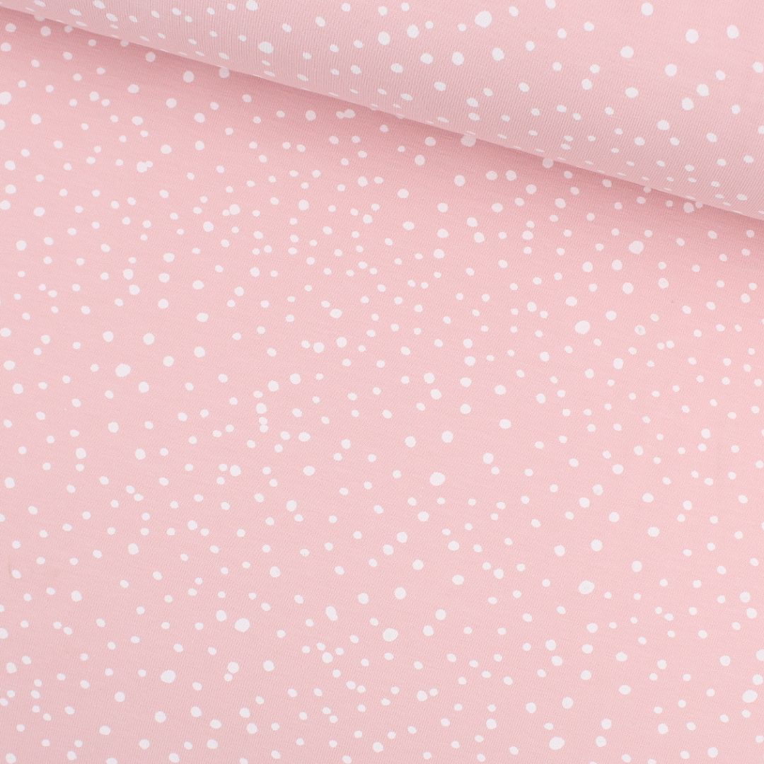 Jersey Stoff weiße Punkte auf Rosa – elastischer Baumwolljersey