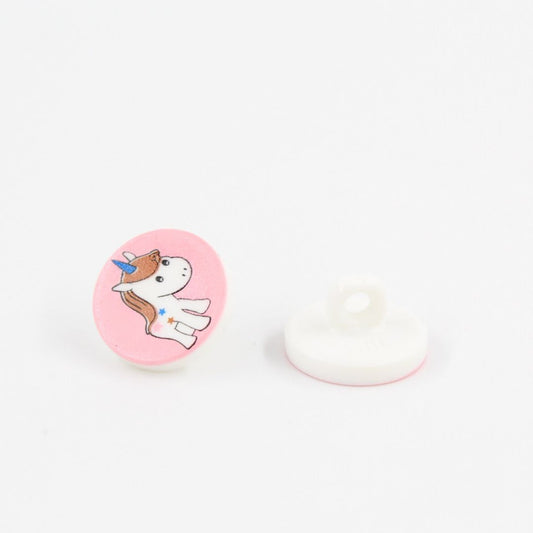 Kinderknopf Einhorn – rosa, Vorderansicht und Rückansicht