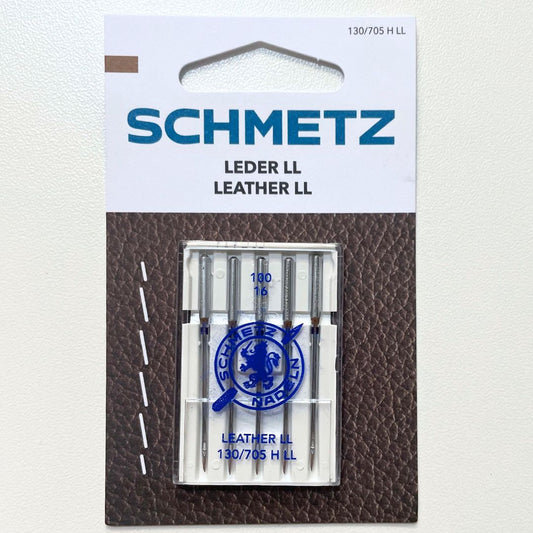 Schmetz Leder-Nadeln NM 100 für Nähmaschinen mit Schneidespitze, geeignet für Leder und Kunstleder, 5er Pack in Verpackung.