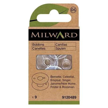 Transparente Milward Nähmaschinenspulen aus Kunststoff 11,5mm in 9er Packung für Spulenkapsel Typ 15K mit Vorderlader