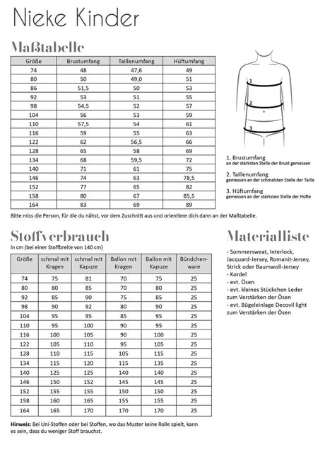 Schnittmuster Fadenkäfer Nieke Kleid für Kinder | Maßtabelle, Stoffverbrauch, Materialliste