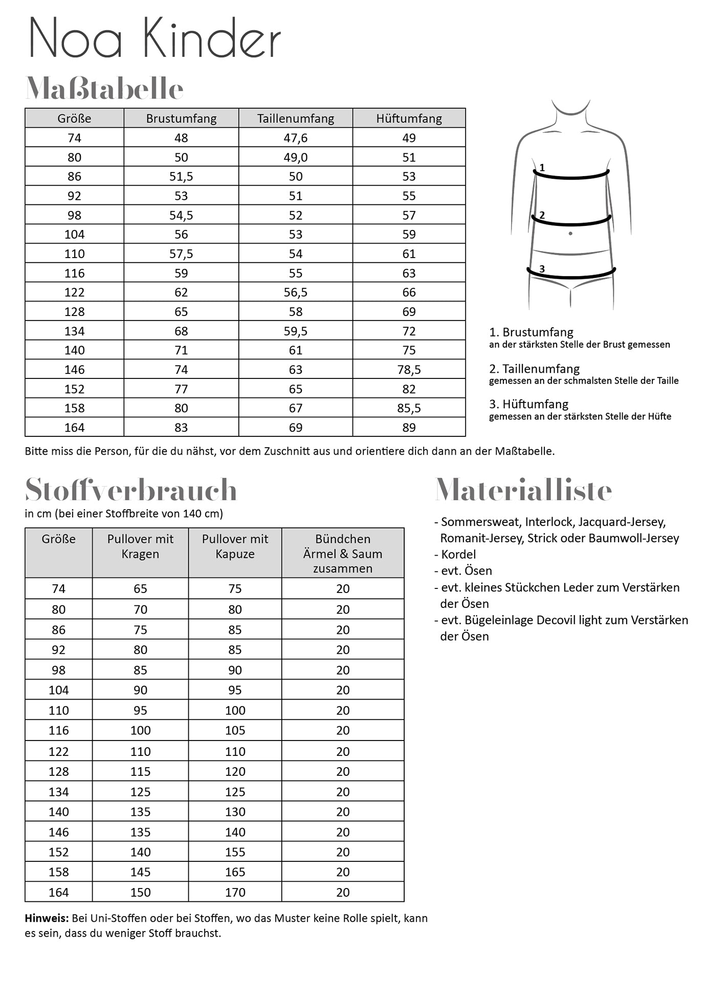 Fadenkäfer Schnittmuster Noa Kinder | Maßtabelle, Stoffverbrauch, Materialliste