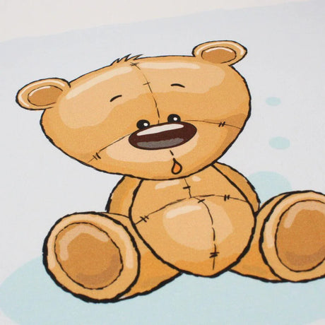 Baumwollpanel für Kinderzimmer: Süßes Bär-Motiv auf blauem Baumwollpanel, perfekt für kreative Nähideen im Kinderzimmer.