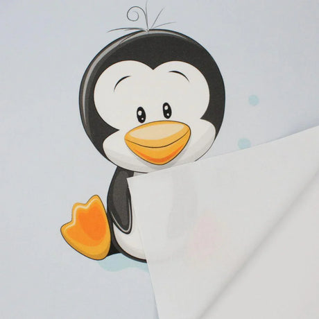 Nähidee mit Pinguin-Panel: Detailansicht des Panels mit winterlichem Pinguin-Design, 100% Baumwolle.