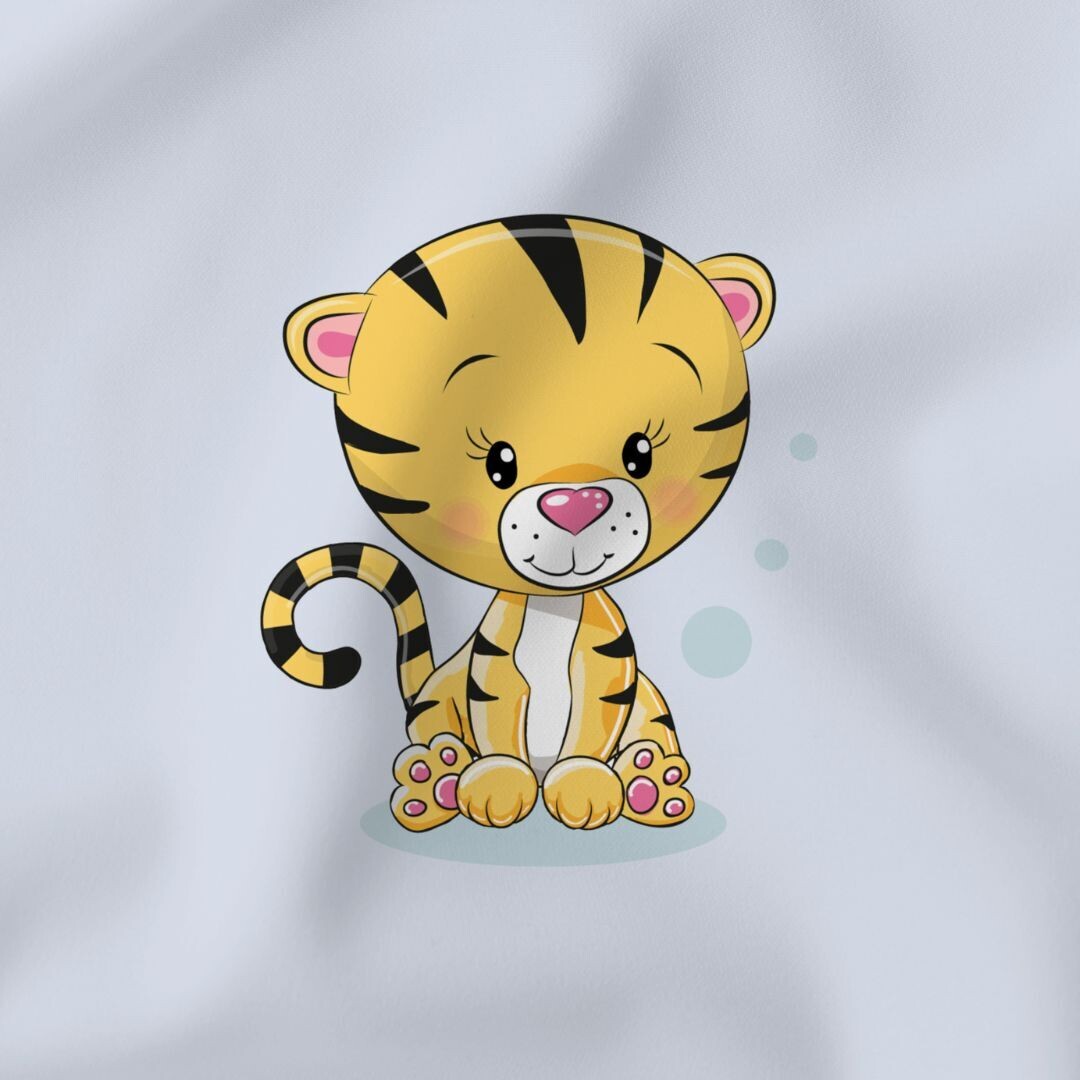 Süßes Jersey Panel mit Tiger-Motiv auf blauem Hintergrund für Kinderkleidung.