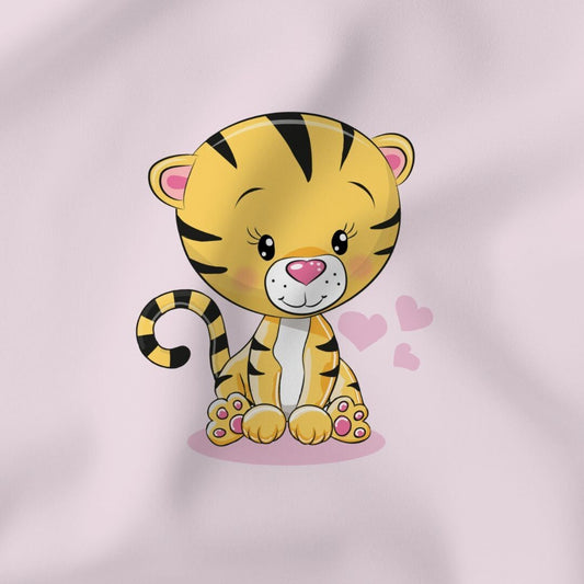 Süßes Jersey Panel mit Tiger-Motiv auf rosa Hintergrund für Kinderkleidung.