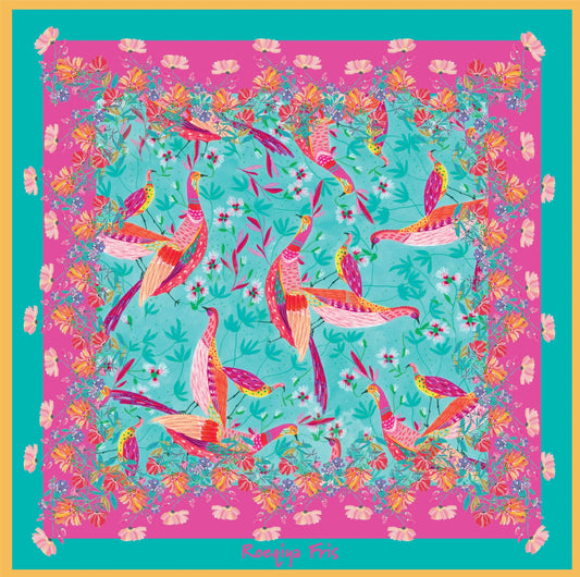Viskose Panel Vogel Türkis Fuchsia