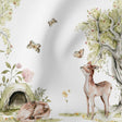 Stoffpanel "Zauberwald" mit handgemaltem Reh auf olivgrünem Hintergrund – 75x100 cm, ideal für Baby- und Kinderdecken.