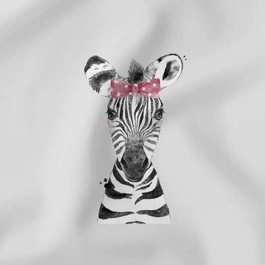 Weiches Jersey Panel mit Zebra-Motiv und rosa Schleife auf grauem Hintergrund für Kinderkleidung.