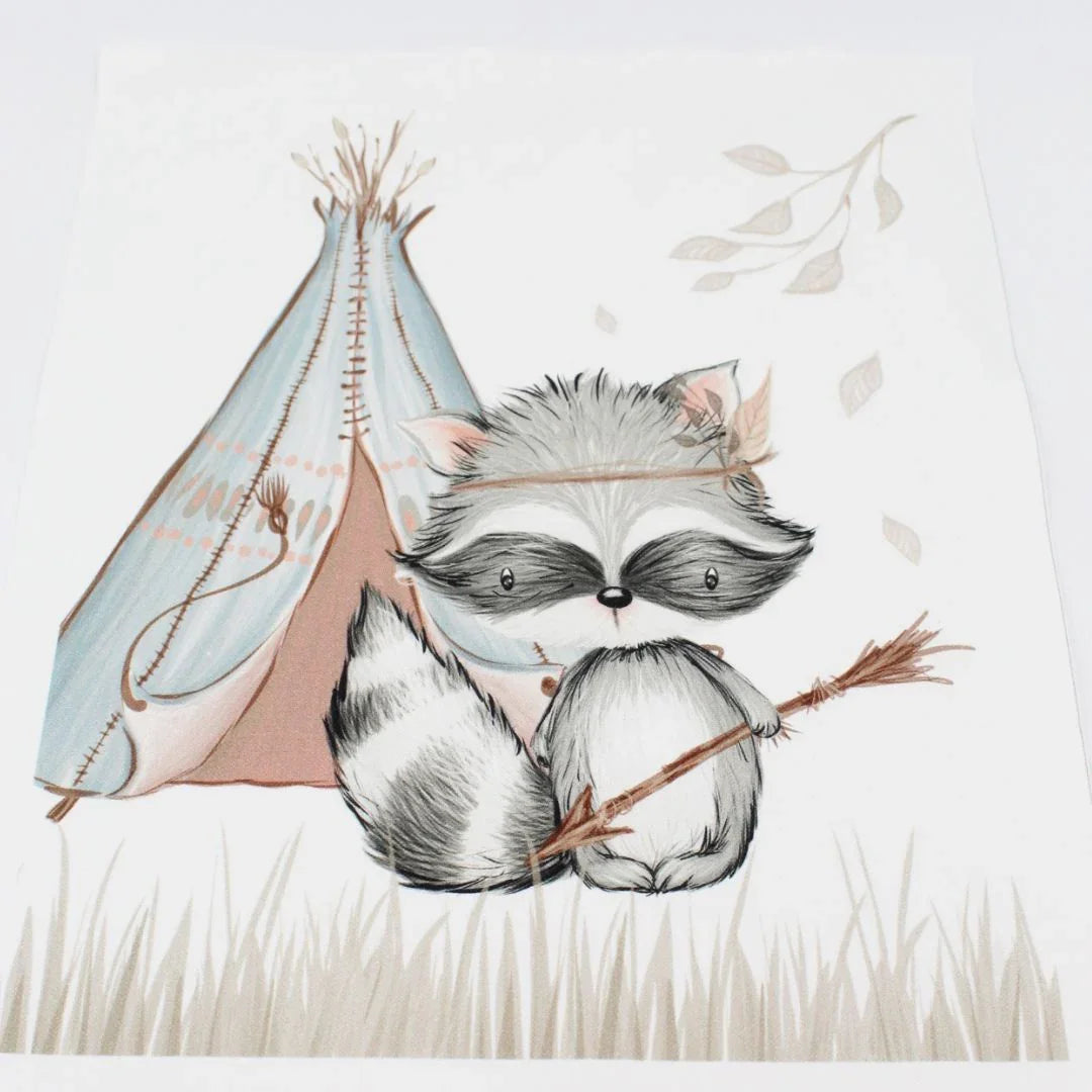 Canvas Panel mit Waschbär und Zelt
