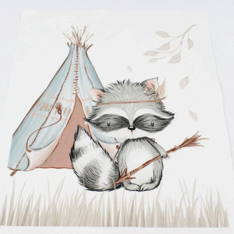 Canvas Panel mit Waschbär und Zelt