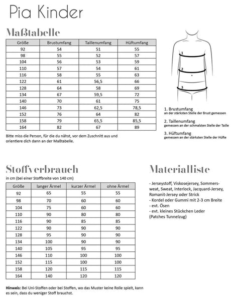 Schnittmuster Fadenkäfer Kleid Pia für Kinder | Maßtabelle, Stoffvrabrauch, Materialliste
