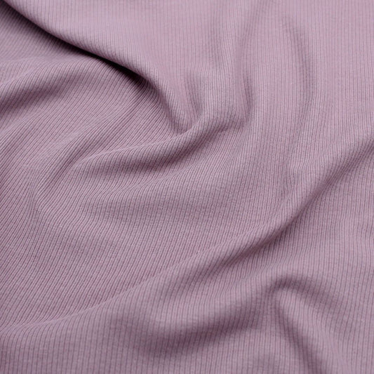 Rib Jersey Stoff in Lila, aus weichem und elastischem Material, ideal für Baby- und Kinderkleidung.