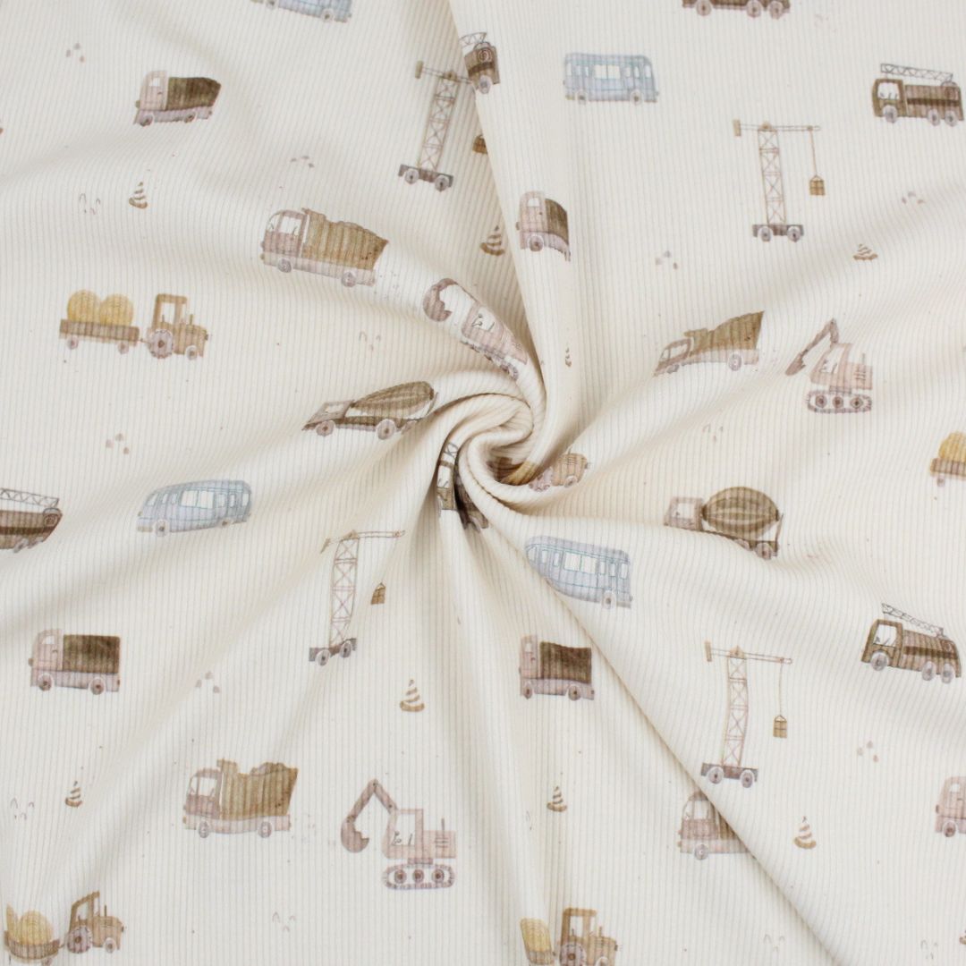 Elastischer Rippenjersey Stoff für Kinderkleidung Beige mit Fahrzeugmotiven