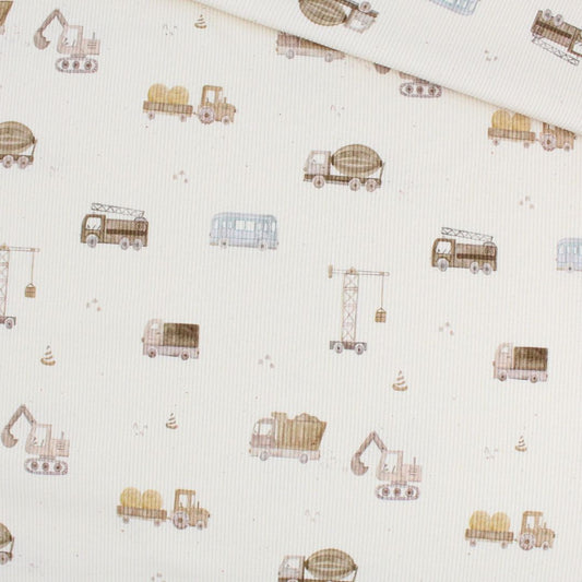 Rippenjersey Stoff Fahrzeuge Baustelle Beige Vorderansicht