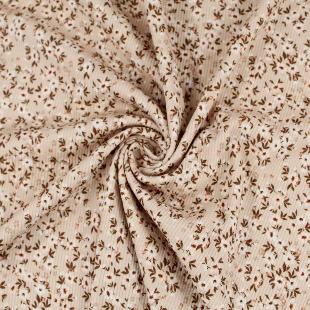 Weicher und elastischer Rippstrick weiße Blumen auf Beige