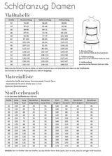 Fadenkäfer Schnittmuster Schlafanzug Damen | Maßtabelle, Materialliste, Stoffvrbrauch